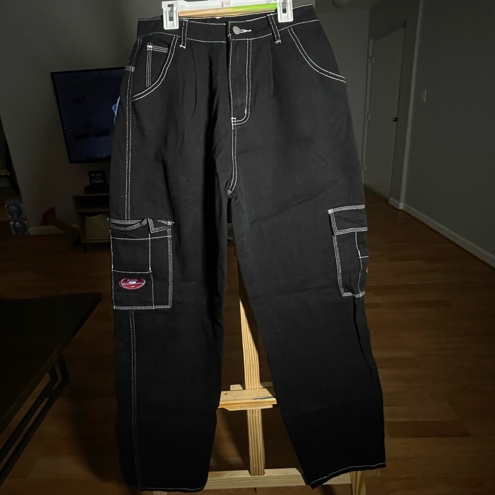 SHEIN Black Cargo Pants with White Stitching